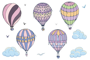 Vector isolated balloons on white background. Many differently colored striped air balloons flying in the clouded sky. Patterns of clouds and birds flying in the sky. Travel and vacation.
