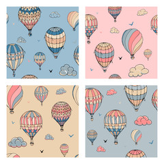 Set of vector seamless pattern with balloons in pastel colors. Many differently colored striped air balloons flying in the clouded sky. Clouds and birds soaring in the sky. Travel and vacation.