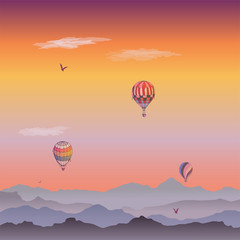 Balloons vector card. Some differently colored striped air balloons flying in the clouded evening sky. Patterns of clouds and birds soaring in the sky. Travel and vacation.