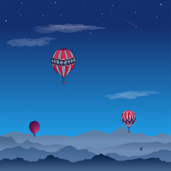 Balloons vector card. Some differently colored striped air balloons flying in the clouded night sky. Patterns of clouds and birds soaring in the sky. Travel and vacation.