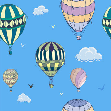 Balloons seamless vector pattern on blue background. Many differently colored striped air balloons flying in the clouded sky. Clouds and birds soaring in the sky. Travel and vacation. Wide horizons. 