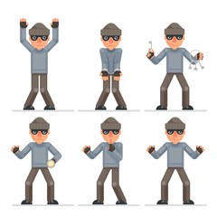 Evil greedily housebreaker thief cartoon rogue bulgar captured character flat design isolated set vector illustration