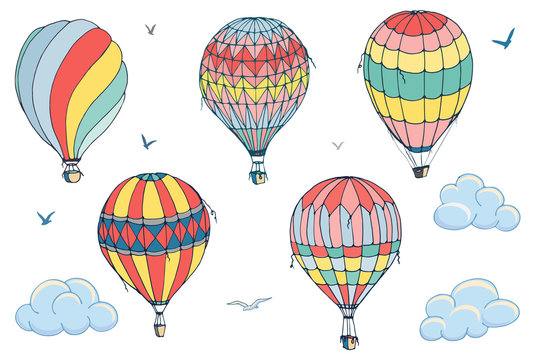 Vector isolated balloons on white background. Many differently colored striped air balloons flying in the clouded sky. Patterns of clouds and birds flying in the sky. Travel and vacation.