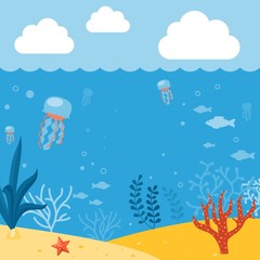 Naklejka na ściany i meble Underwater background. Background with marine animals. Summer background