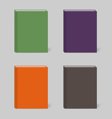 Hardcover books with colorful covers, realistic vector mockup. Blank closed notebook set, template