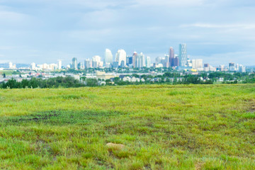 Calgary downtown financial district skyline under cloudy skies