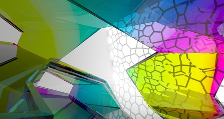 Fototapeta premium Abstract white and colored gradient glasses interior multilevel public space with window. 3D illustration and rendering.