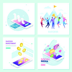Set of concepts for teamwork, project management, business workflow, success, social media, online payment, investment . Flat isometric vector concept of receipt, online payment, money transfer, mobil