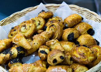 Fresh baked croissants at bakery, Freshly baked French croissants