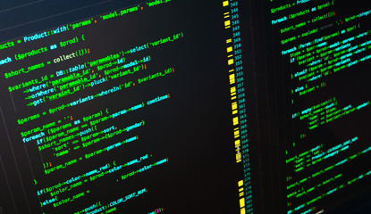 Web developing on the php language. Green macro php code on dark background