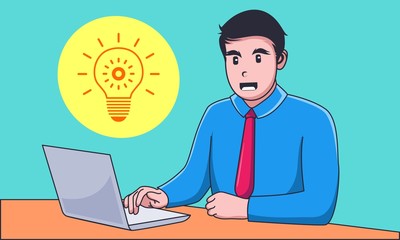 Young businessman working on laptop with idea