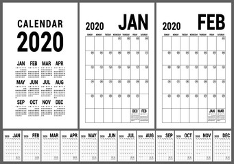 Calendar 2020. English calender template. Vector planner grid. Office business planning. Creative design