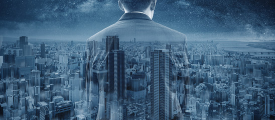 Double exposure businessman and panoramic Osaka city skyscraper in Japan - obrazy, fototapety, plakaty