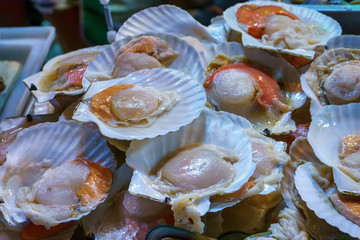 Closeup of fresh scallop for sale to the grill.