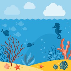 Naklejka na ściany i meble Underwater background. Background with marine animals. Summer background