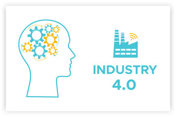 Head profile industry 4.0 revolution concept vector illustration. Blue factory icon with wireless symbol and sign INDUSTRY 4.0 Head silhouette with gear brain technology revolution business concept.
