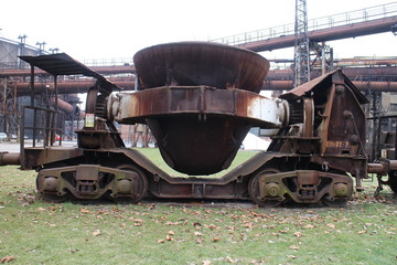 Fototapeta na wymiar A slag pot (koliba) was a metal container used to transport liquid slag in former iron and steel Works in Vítkovice, Ostrava, Czech republic