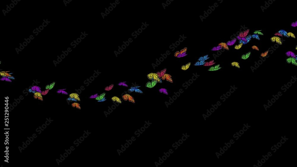 Poster fly flock of colored butterflies motion path animations with alpha channel
