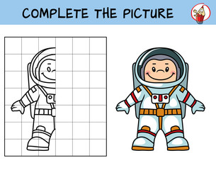 Complete the picture of a astronaut. Copy the picture. Coloring book. Educational game for children. Cartoon vector illustration