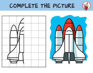 Complete the picture of a space shuttle. Copy the picture. Coloring book. Educational game for children. Cartoon vector illustration