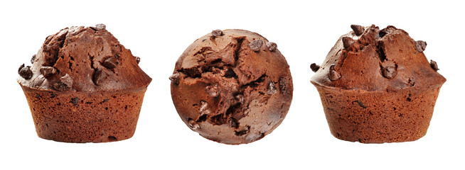Three chocolate muffins, shot from the top, isolated on a white background with copy space
