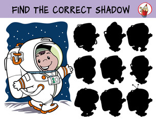 Little astronaut walking on the moon. Find the correct shadow. Educational matching game for children. Cartoon vector illustration