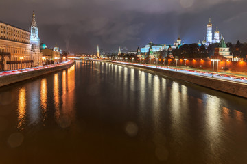 Fototapeta premium Moscow Kremlin embankment in the summer evening, Overcast, rainy night