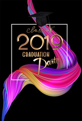 GRADUATION PARTY 2019 banner with abstract liquid substance and graduation cap. Vector illustration