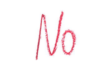 Word no written with lipstick and isolated on white.
