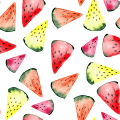  watercolor pattern of pieces of watermelon yellow, red, pink, orange