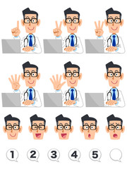 指で数字を数える医師の上半身とパソコン　表情と数字のセット