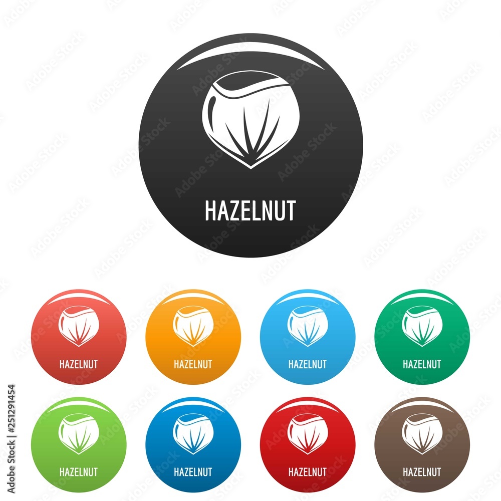 Aufkleber hazelnut icons set 9 color vector isolated on white for any design