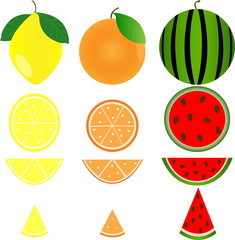 Fruit set of orange, lemon and watermelon on a white background.Isolated fruit pattern.