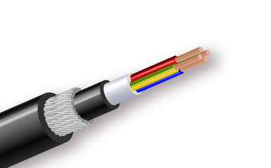 Fiber optic tight buffered cable structure isolated on white background. Vector realistic illustration.