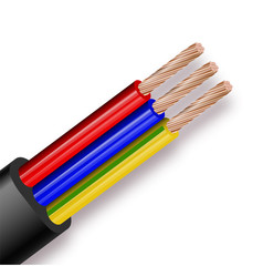 Flexible Three-wire electrical cable isolated on white background. Copper multicore cable in color insulation. Close-up of the cross section.