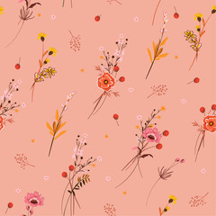 Soft pink Floral seamless pattern many kind of blooming meadow flowers Botanical  Motifs scattered random . Seamless vector texture. Elegant template for fashion prints.