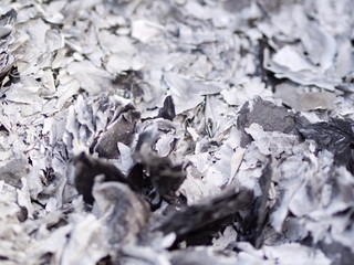 Close up ashes and cinders from ghost money paper burning for Ancestor in Chinese New Year.