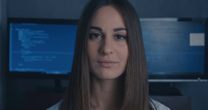 Close up face of Young Woman at binary code background