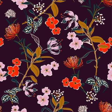 Beautiful vector Floral pattern in the many kind of flowers. Botanical  Seamless vector texture. For fashion fabric Printing with in hand drawn style