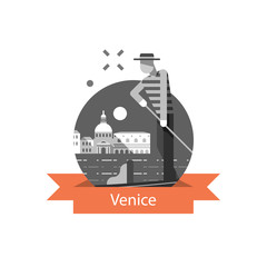 Travel destination, Italy, Venice symbol, famous landmark, gondola and man in hat