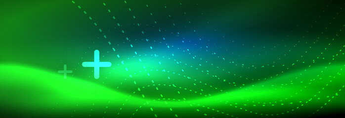 Glowing abstract wave on dark, shiny motion, magic space light. Vector techno abstract background