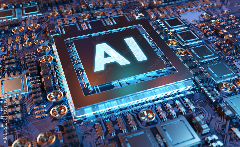 Fototapete artificial intelligence in a modern gpu card 3d rendering