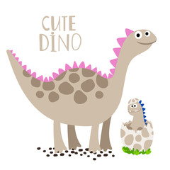 Cute newborn dino with his mother vector isolated icon on white background