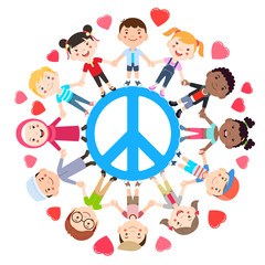 Kids love peace conceptual. Groups of children join hands all around the peace symbol. Vector illustration.