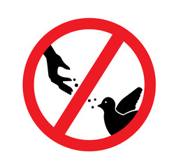 Red prohibition sign where the silhouette of the hand feeds the birds