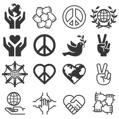 Peace and love symbol icons set. Vector llustrations.