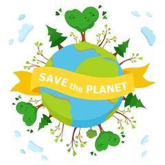 Save the planet. Green trees on planet Earth. Vector concept illustration on white background