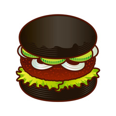 Black Burger food icon. Cartoon hand draw illustration of burger for web design, menu, game isoleted on white