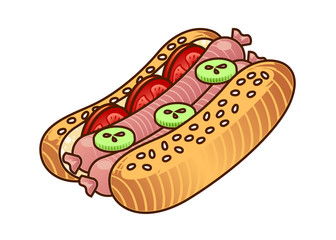 Hot Dog food icon. Cartoon hand draw illustration of Hot Dog isoleted on white. Fast food element for web design, menu, game