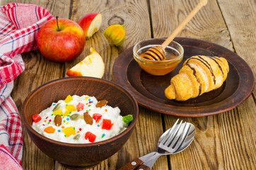 Fresh cottage cheese with candied fruit and nuts, honey, croissant for lunch.